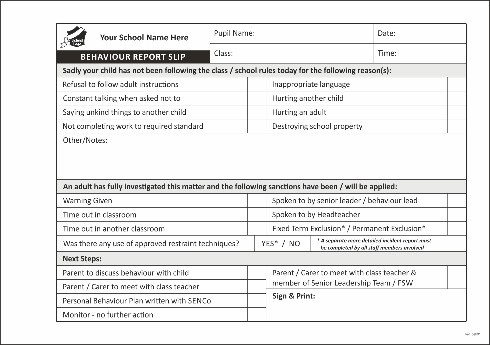 Pupil Behaviour Record Form Books for Schools - Primary Print People In Pupil Report Template